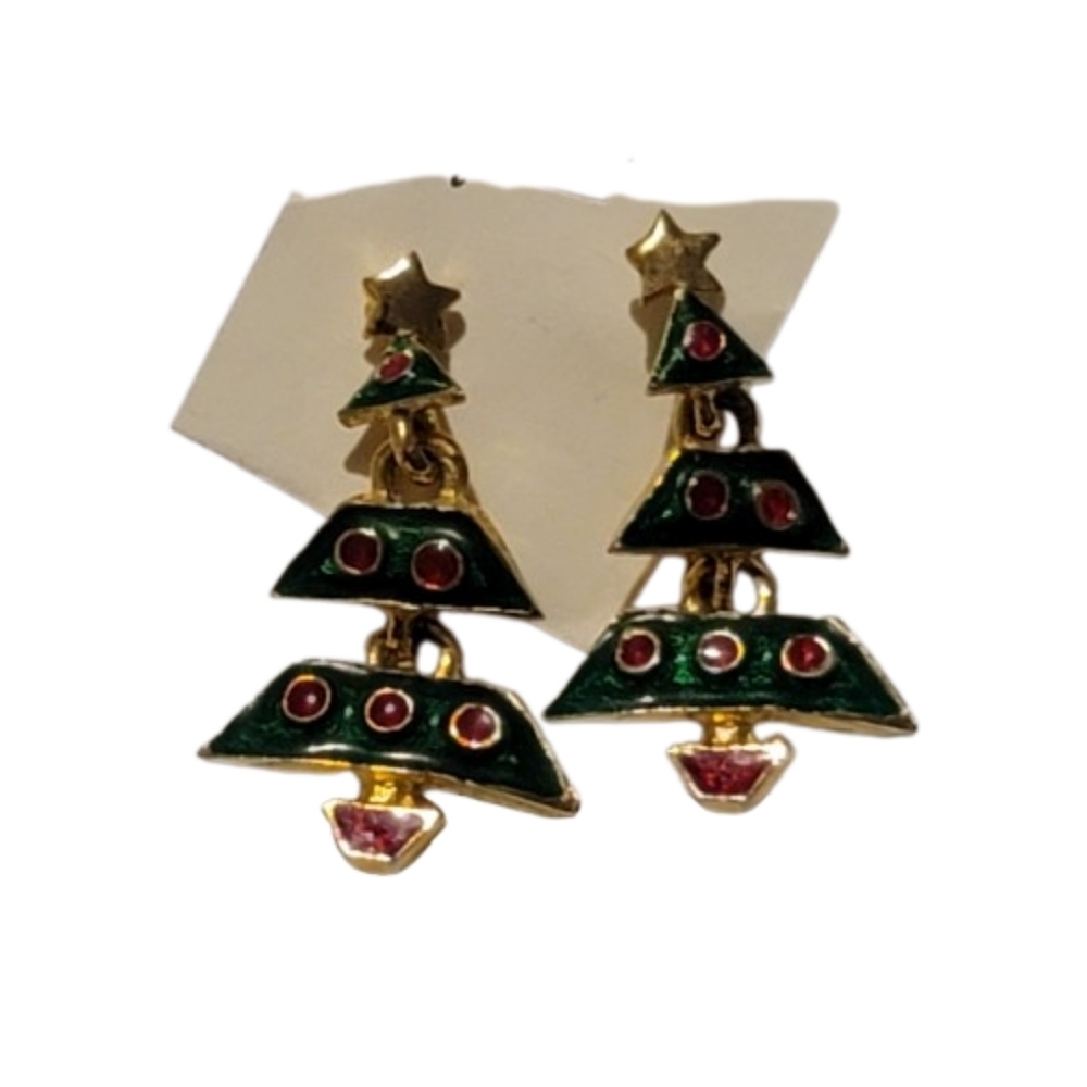 Vintage Christmas Tree Earrings Dangle Green Red Enamel Gold Tone Holiday